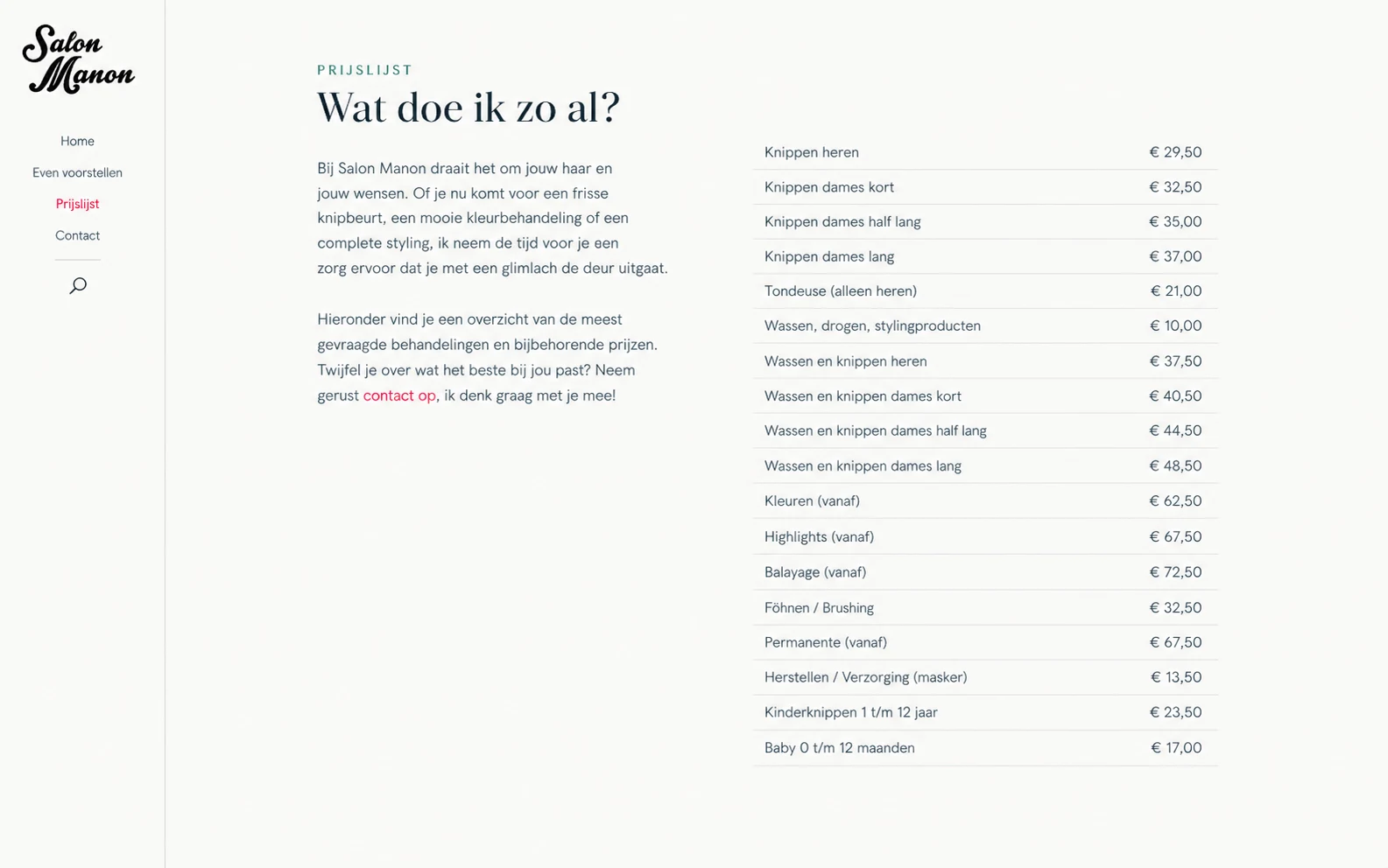 Salon Manon – oude website, prijzenpagina