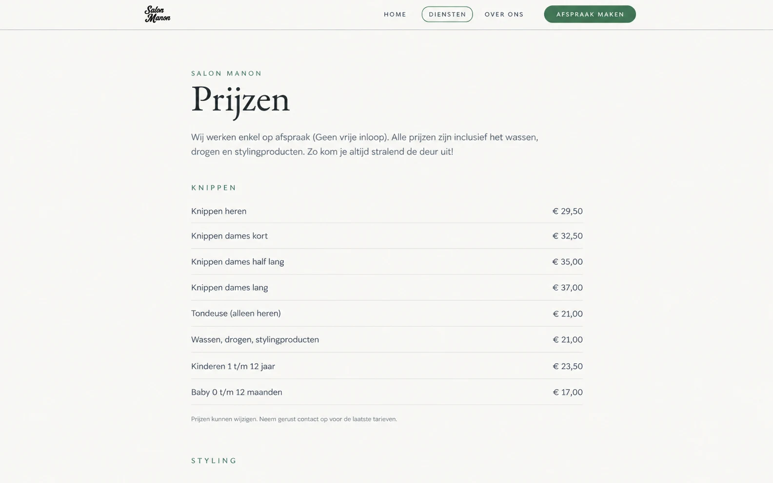 Salon Manon – nieuwe website, prijzenpagina