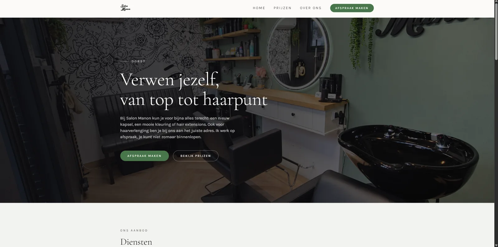 De vernieuwde homepage van Salon Manon, ontworpen door Wolkmedia