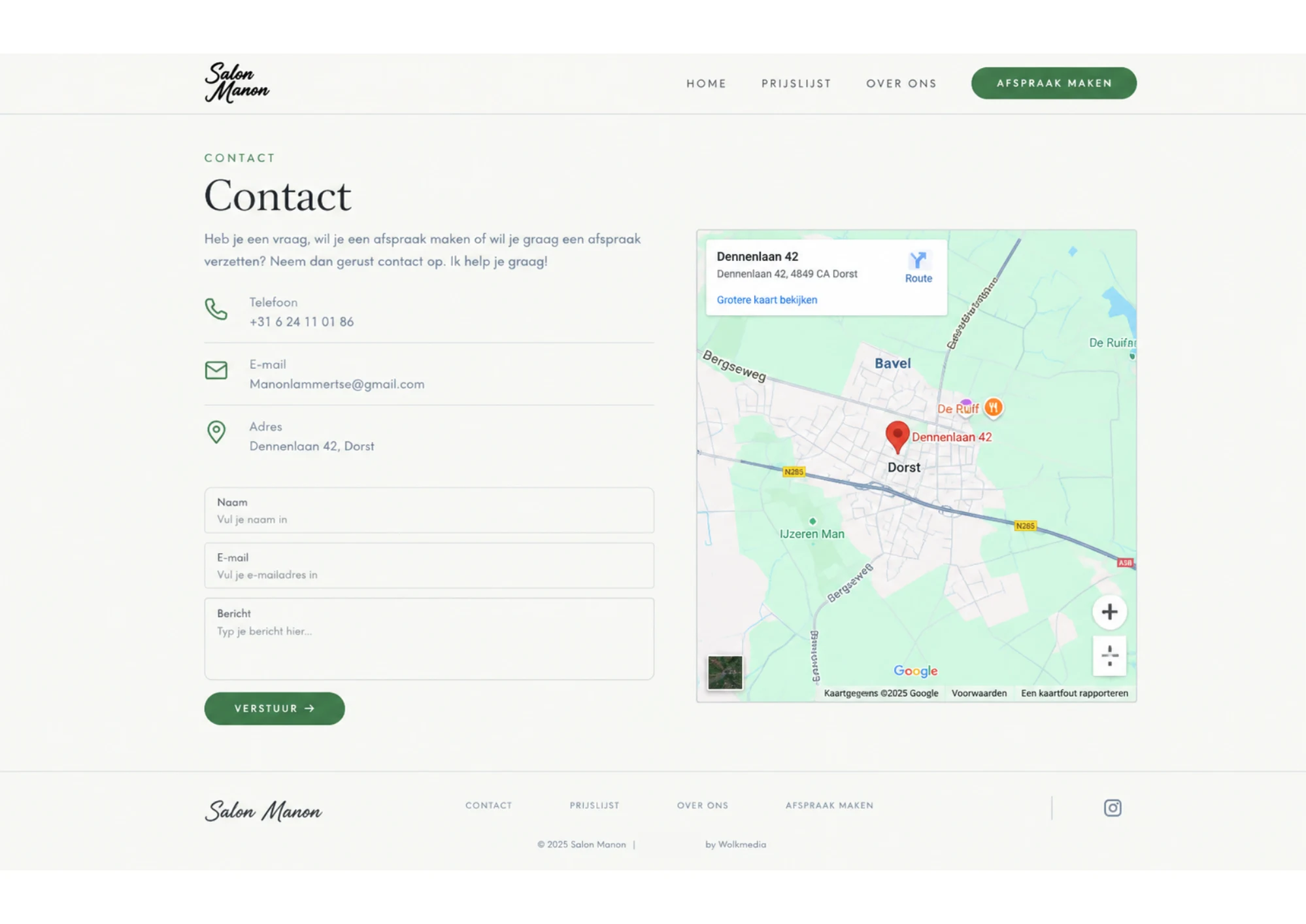 Salon Manon – nieuwe website, contactpagina